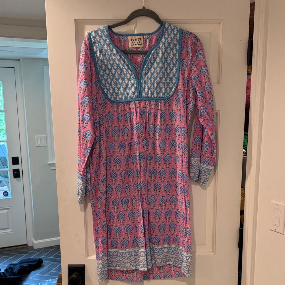 SZ Pink and Blue Blockprint Patterned Tunic Dress